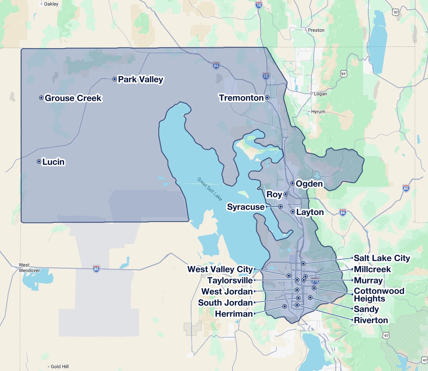 Dumpsters Direct service area map covering Northern Utah from Tremonton to Riverton